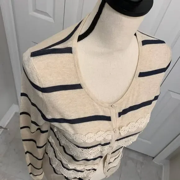 Flying Tomato oatmeal with navy stripes and lace details long sleeve cardigan M - Picture 4 of 7